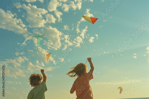 Siblings flying kites at the beach