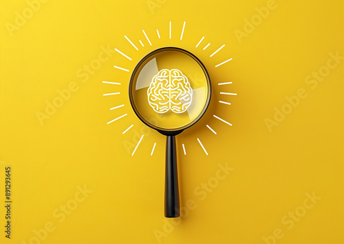 Magnifying glass highlighting brain on yellow background photo