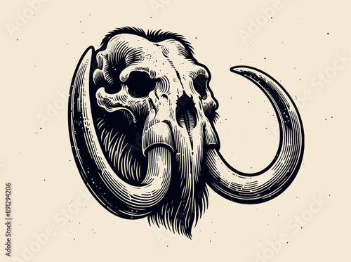Mammoth skull. Vintage retro engraving illustration. Black icon, isolated element. Art vector illustration