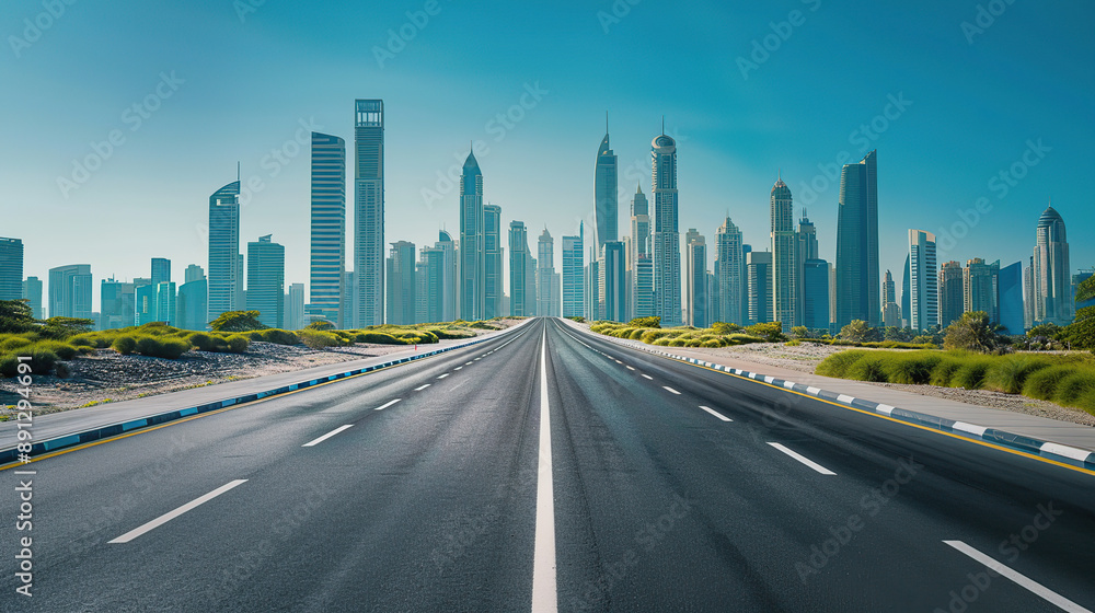 Obraz premium A wide highway leads to the city skyline