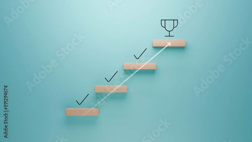 Wooden steps with check marks leading to a trophy icon on a turquoise background, symbolizing victory and success, upward path to winning awards and achievements, business and competition concept