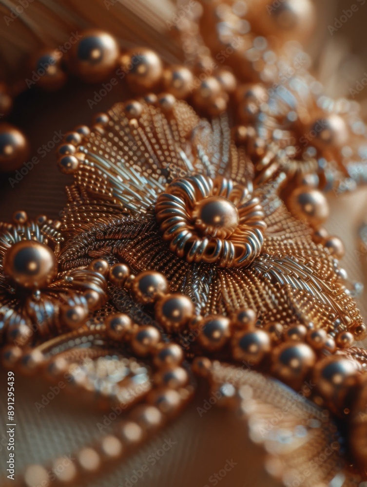 Obraz premium A close up of a gold beaded necklace with pearls. AI.