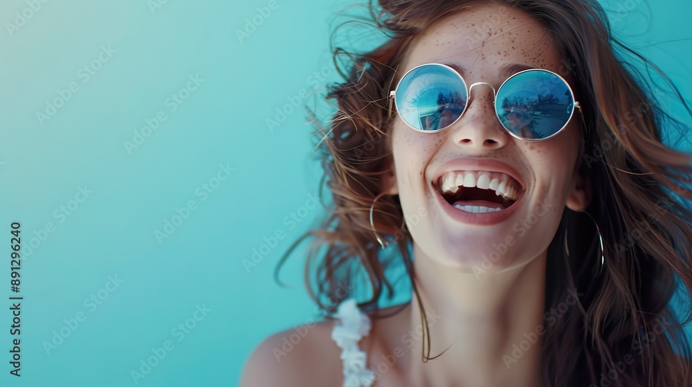 a chic and glamorous girl in sunglasses, laughing and smiling, against a blue background, creating a stylish contrast with the holiday theme a chic and glamorous girl in sunglasses, laughing and smiling, against a blue background, creating a stylish contrast with the holiday theme