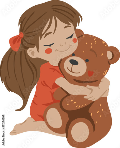 A little girl hugs her plush toy, child silhouette, child illustration, Colorful cartoon characters. Funny vector illustration. Isolated on white