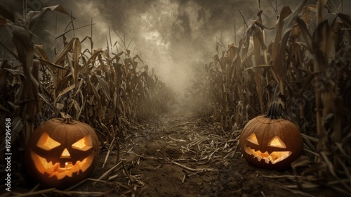 A spooky corn maze lit by jack-o'-lanterns with eerie fog and shadows, Vintage, Sepia tones, Illustration, Halloween night ambiance photo