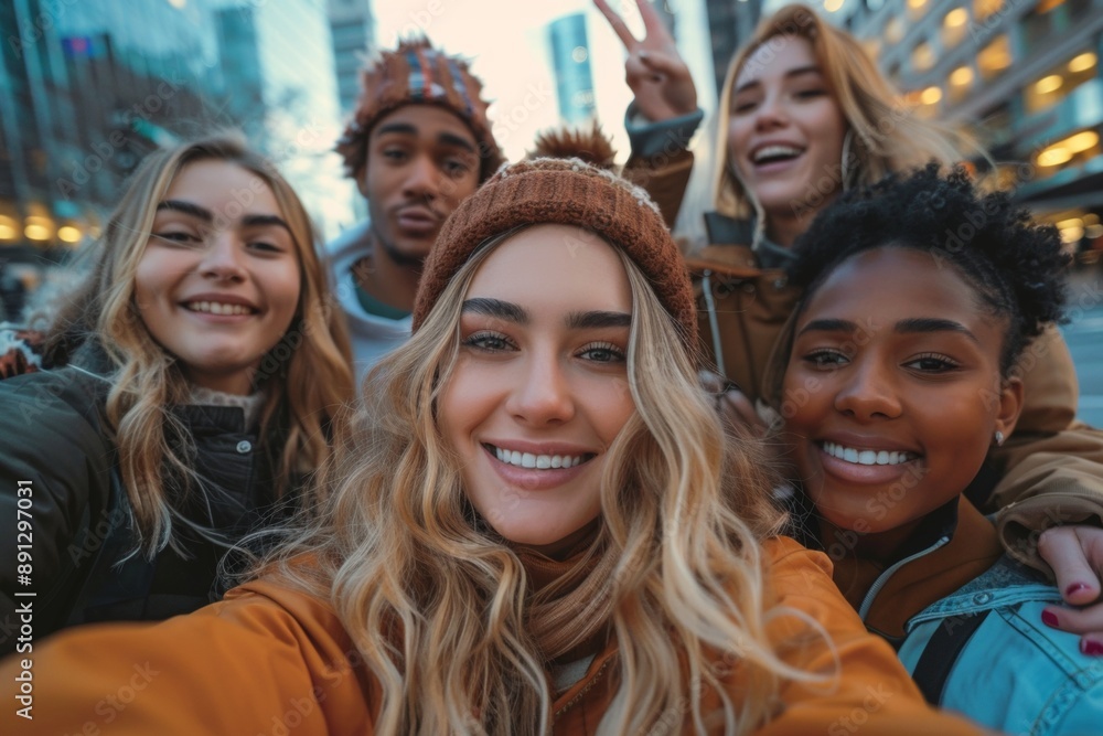 A group of smiling friends taking a selfie, one white woman with long blonde hair and brown eyes A group of smiling friends taking a selfie, one white woman with long blonde hair and brown eyes