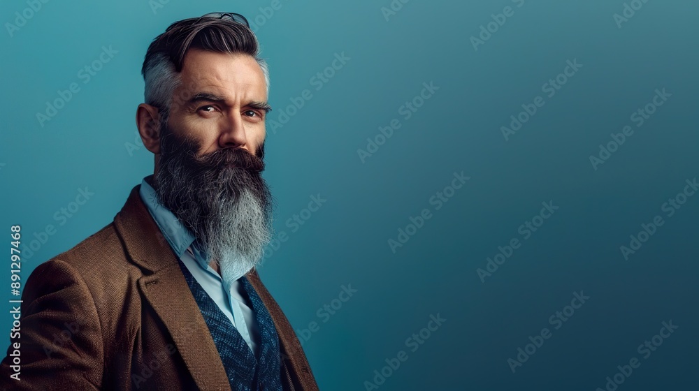 a confident bearded man in stylish attire, posing against a serene blue background, with space beside him for text or graphics a confident bearded man in stylish attire, posing against a serene blue background, with space beside him for text or graphics
