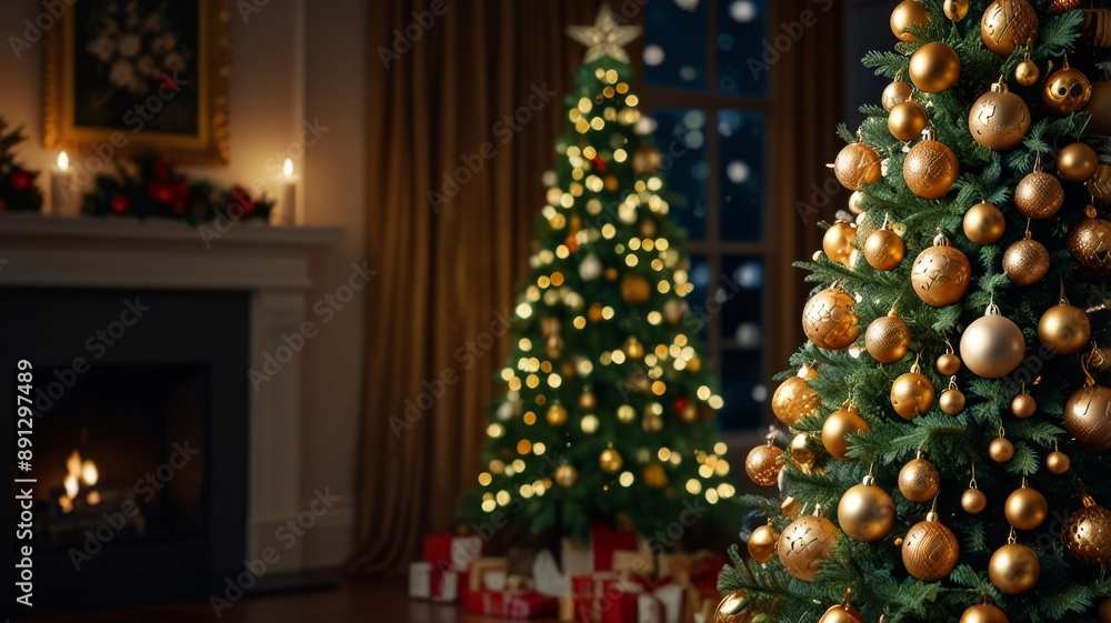 A Christmas tree decorated with golden ornaments and twinkling lights A Christmas tree decorated with golden ornaments and twinkling lights