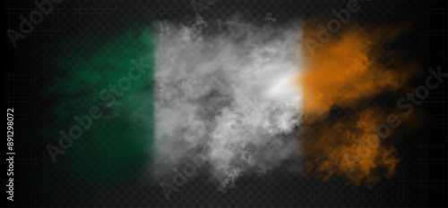 Smoke cloud in the colors of flag of Ireland country. Green, white and orange realistic gradient colorful fog isolated on dark semi transparent background. Good quality vector illustration