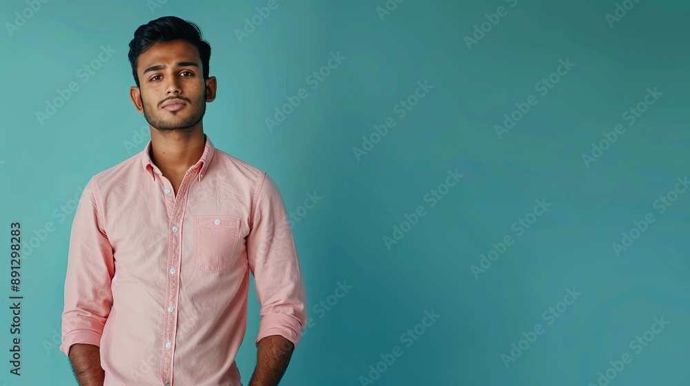 a confident multi-ethnic Indian man standing against a serene blue background, with space beside him for text or graphics a confident multi-ethnic Indian man standing against a serene blue background, with space beside him for text or graphics