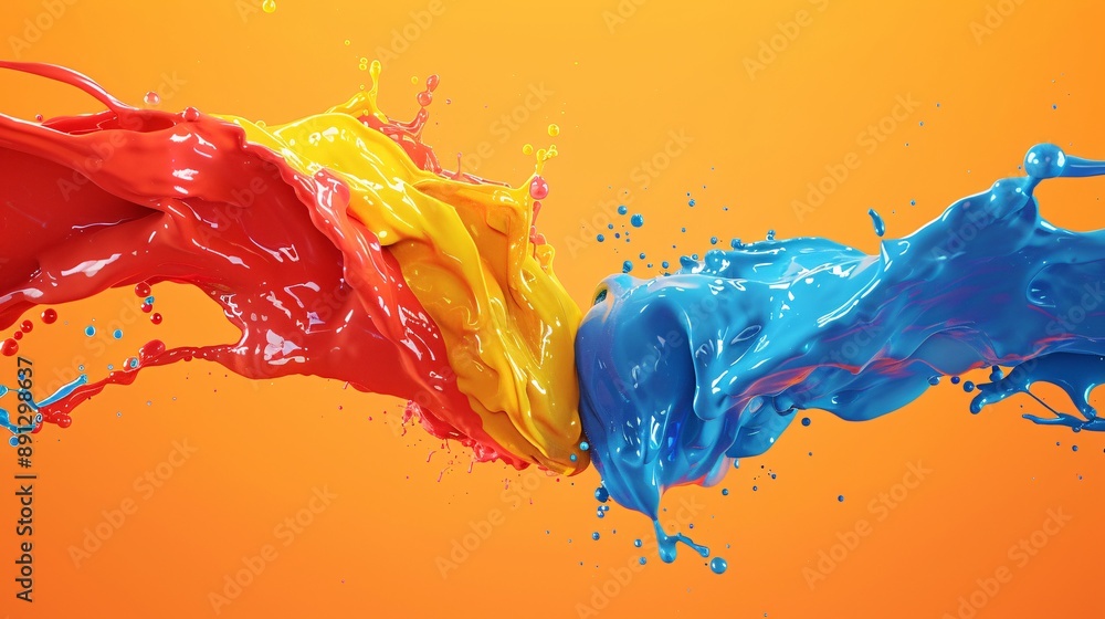 High-resolution 3D render of two colors of paint being poured and ...