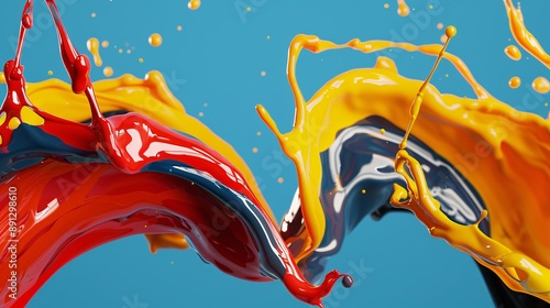 3D render of colorful paint being poured over each other, forming two intertwined colors on a solid background, splashy and dynamic, hyper-realistic with high resolution, octane rendering