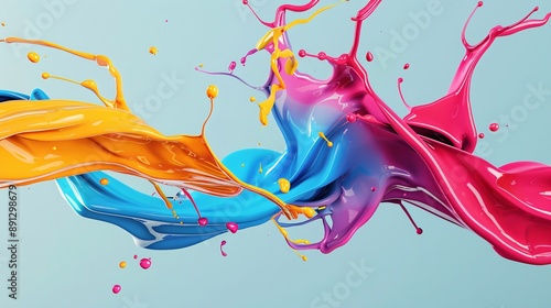 Dynamic 3D render of colorful paint intertwining as it pours, creating a splashy effect on a solid background, hyper-realistic and high resolution, octane rendering