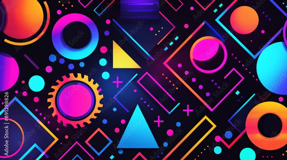A bold and colorful neon pattern with abstract geometric shapes such as circles, triangles, and squares in vivid colors like purple, blue, orange, pink, and yellow green on a black backdrop, creating A bold and colorful neon pattern with abstract geometric shapes such as circles, triangles, and squares in vivid colors like purple, blue, orange, pink, and yellow green on a black backdrop, creating