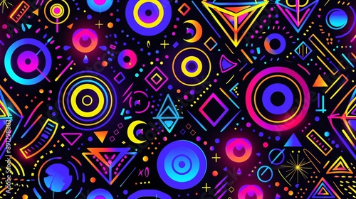 A bold and colorful neon pattern with abstract geometric shapes such as circles, triangles, and squares in vivid colors like purple, blue, orange, pink, and yellow green on a black backdrop, creating