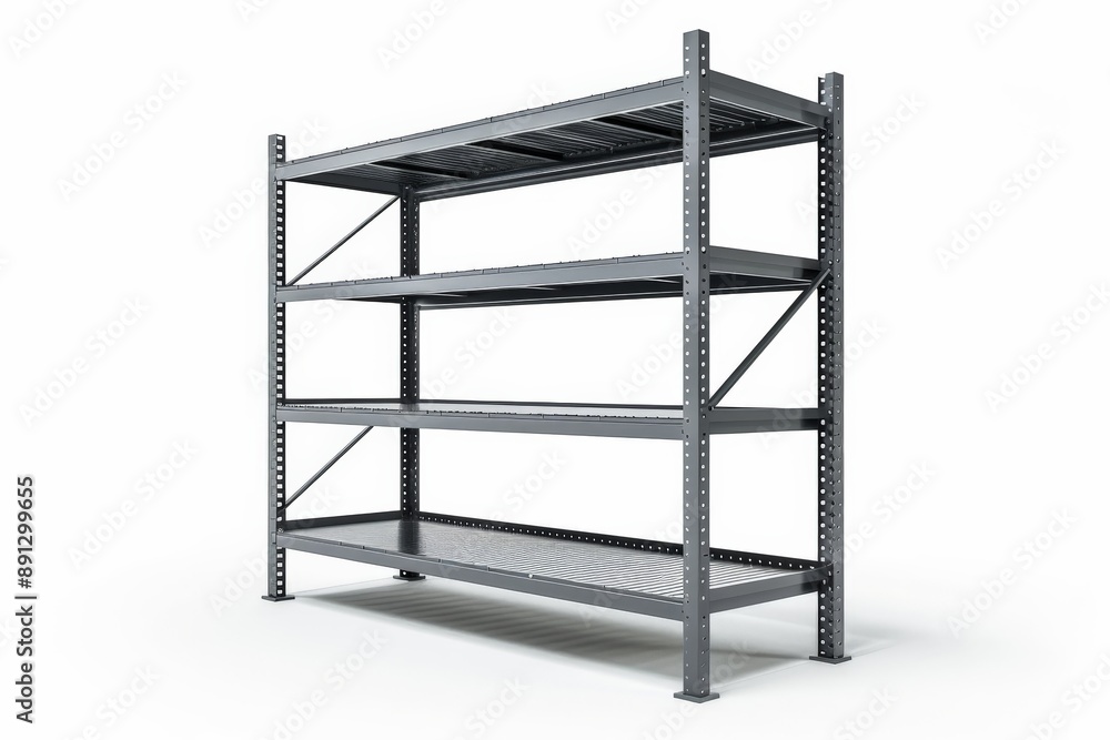 Empty metal shelf standing on white background Empty metal shelf standing on white background