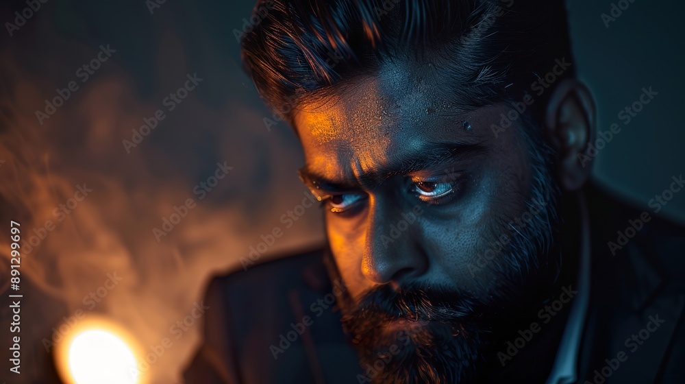 a contemplative, young Indian businessman with a beard, set against a dark background with atmospheric lighting a contemplative, young Indian businessman with a beard, set against a dark background with atmospheric lighting
