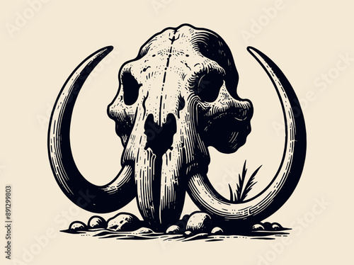 Mammoth skull. Vintage retro engraving illustration. Black icon, isolated element. Art vector illustration
