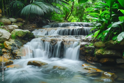 Small waterfall cascading down rocks in lush tropical forest