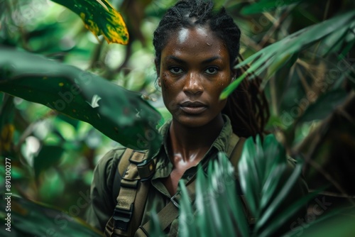 Young female ranger standing in lush tropical forest photo