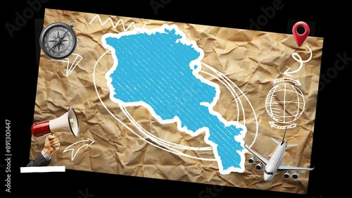 Contemporary art collage of armenia  map with black and green screen. crumpled paper background. various elements with travel