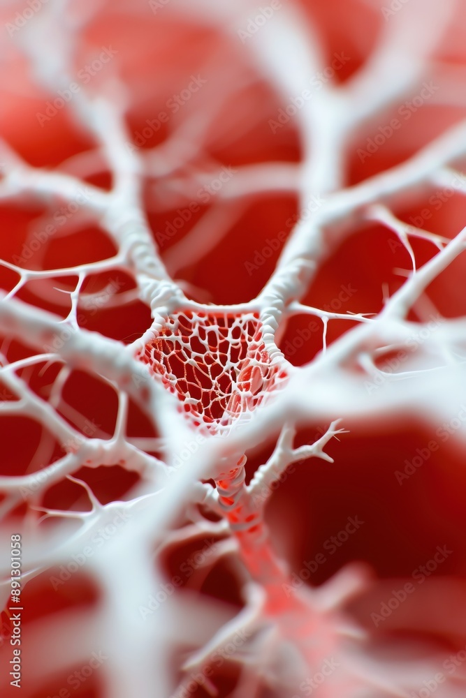 Close-up of a red and white intricate biological network resembling the patterns forms in nature, emphasizing complexity and connectivity. Close-up of a red and white intricate biological network resembling the patterns forms in nature, emphasizing complexity and connectivity.