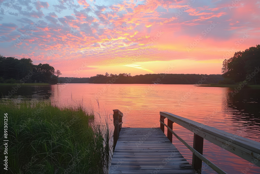 Fototapeta premium A serene sunset over a calm lake pink and orange sky