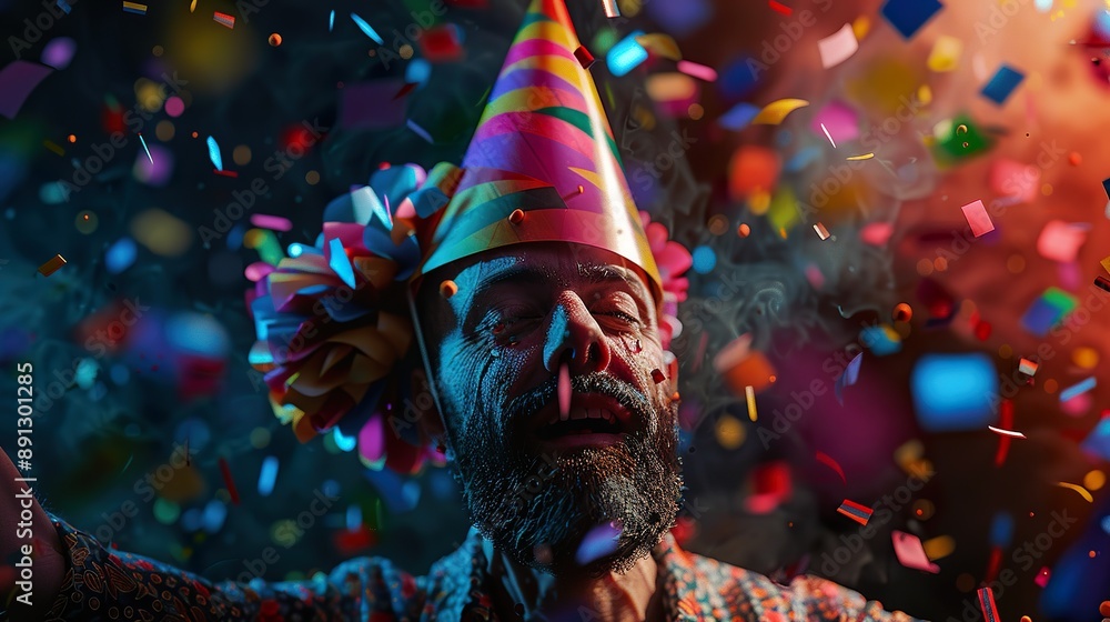 a festive scene featuring a man wearing a party hat surrounded by confetti. a festive scene featuring a man wearing a party hat surrounded by confetti.