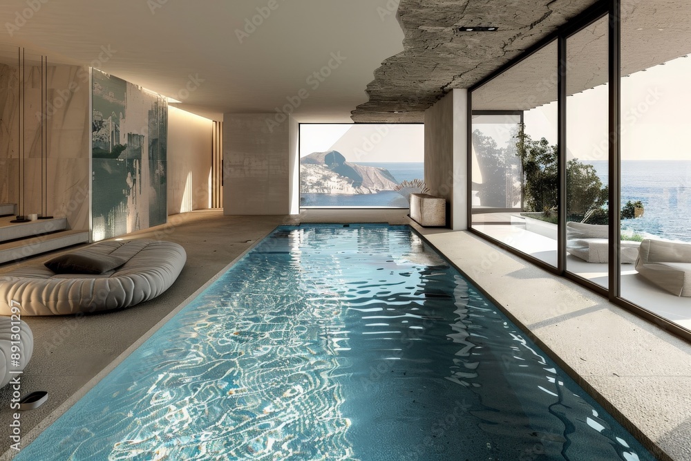 Fototapeta premium Modern indoor swimming pool overlooking the ocean in a luxury villa