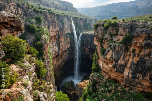 Waterfall plunging into deep chasm in mountainous landscape