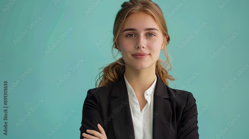 a formal portrait of a businesswoman, smiling with professionalism, against a teal background that represents stability and trustworthiness. a formal portrait of a businesswoman, smiling with professionalism, against a teal background that represents stability and trustworthiness.