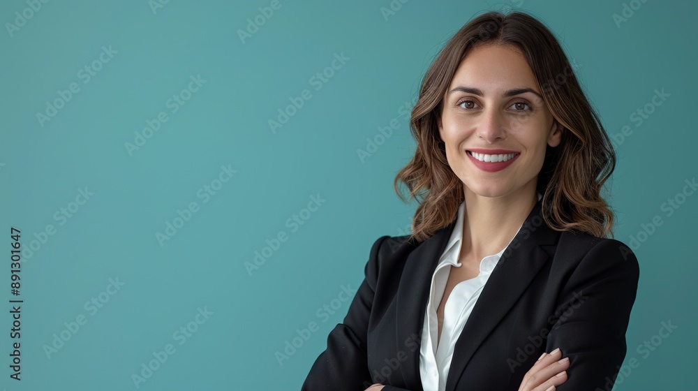 a formal portrait of a businesswoman, smiling with professionalism, against a teal background that represents stability and trustworthiness a formal portrait of a businesswoman, smiling with professionalism, against a teal background that represents stability and trustworthiness