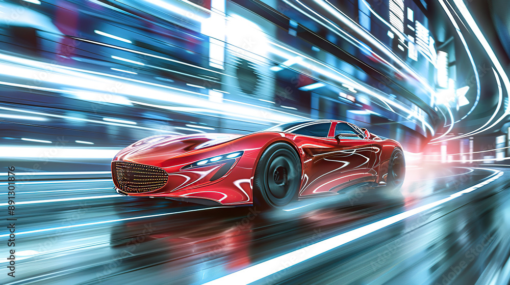 Red sports car driving in futuristic city with motion blur background Red sports car driving in futuristic city with motion blur background