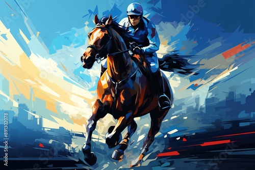 colorful racing horse with rider illustration © Belish