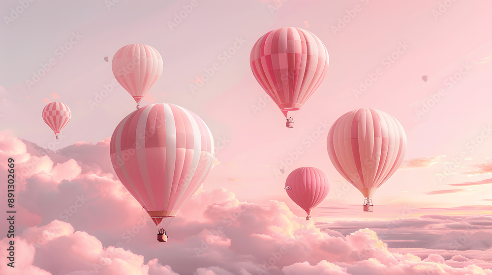 A group of hot air balloons floating in the sky, balloon is striped with pastel pink and white stripes, A light pastel colored clouds background, with a soft dreamy atmosphere, fantasy romantic A group of hot air balloons floating in the sky, balloon is striped with pastel pink and white stripes, A light pastel colored clouds background, with a soft dreamy atmosphere, fantasy romantic