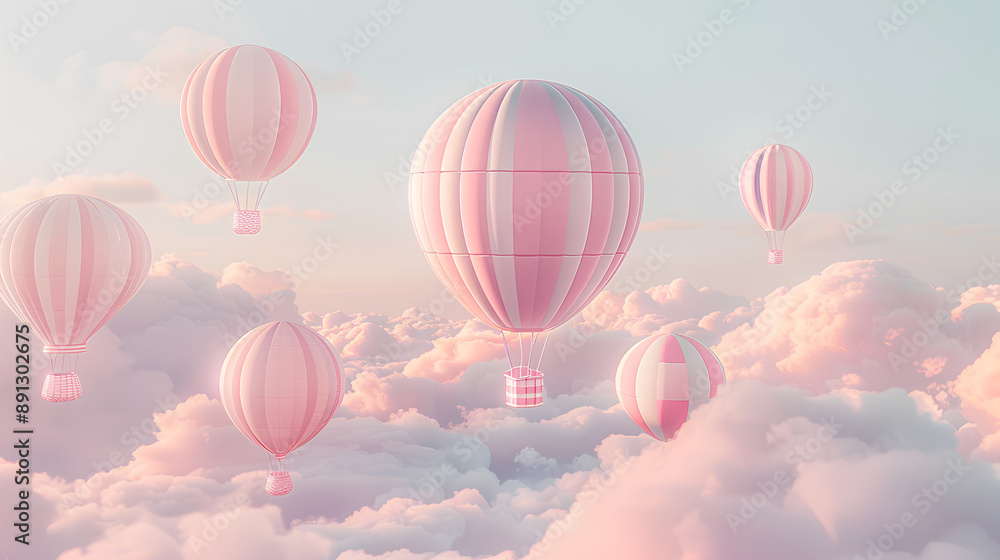 Fototapeta premium A group of hot air balloons floating in the sky, balloon is striped with pastel pink and white stripes, A light pastel colored clouds background, with a soft dreamy atmosphere, fantasy romantic 