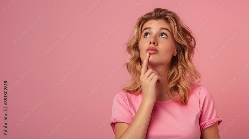 A young Caucasian woman wearing a pink shirt is pondering with her finger on her chin, set against a pink background, showing a thoughtful expression. A young Caucasian woman wearing a pink shirt is pondering with her finger on her chin, set against a pink background, showing a thoughtful expression.