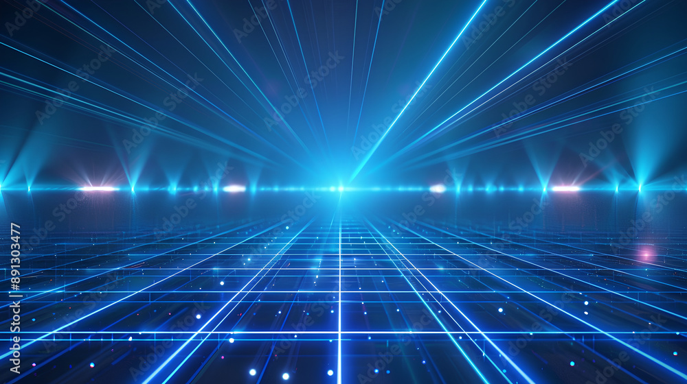 Light blue laser rays shining down on a grid floor, blue glow lines in the background, glowing lights against a dark blue background Light blue laser rays shining down on a grid floor, blue glow lines in the background, glowing lights against a dark blue background