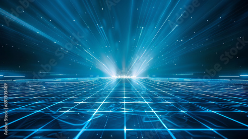 Light blue laser rays shining down on a grid floor, blue glow lines in the background, glowing lights against a dark blue background