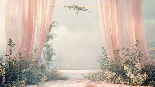 Pink ethereal dreamy wedding archway with delicate flowers and s photo