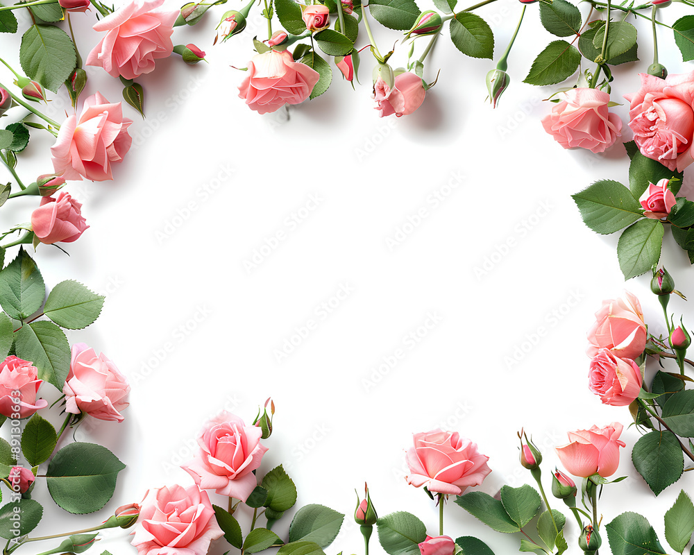A cute pink rose frame with a white background, roses border, white space for writing text A cute pink rose frame with a white background, roses border, white space for writing text