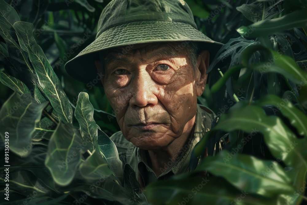 Fototapeta premium Senior farmer wearing a hat posing in lush foliage
