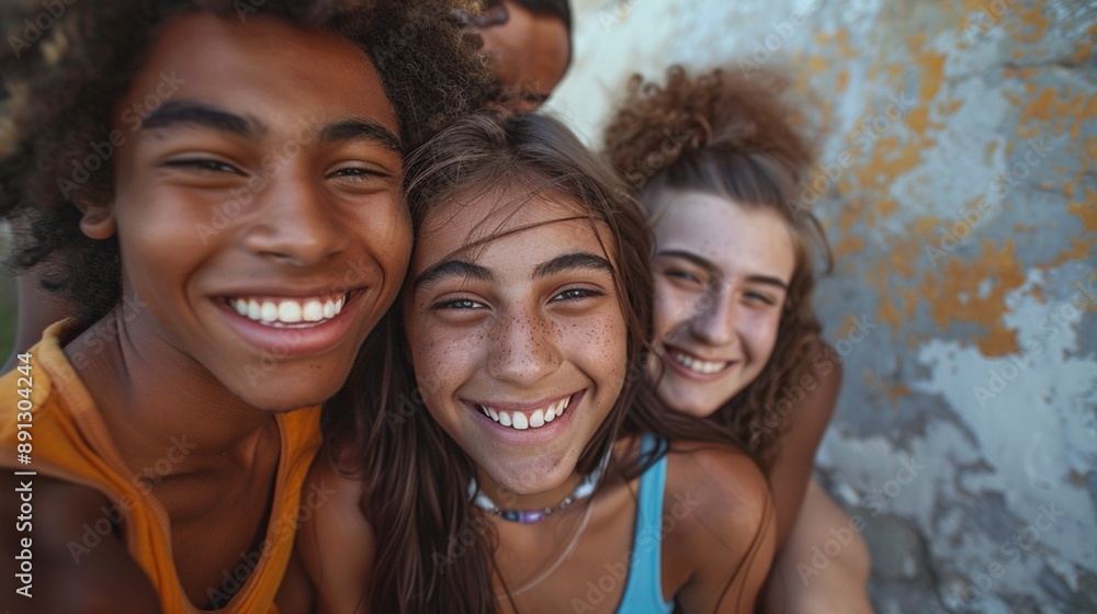 A group of young people are taking a picture together, smiling happily A group of young people are taking a picture together, smiling happily