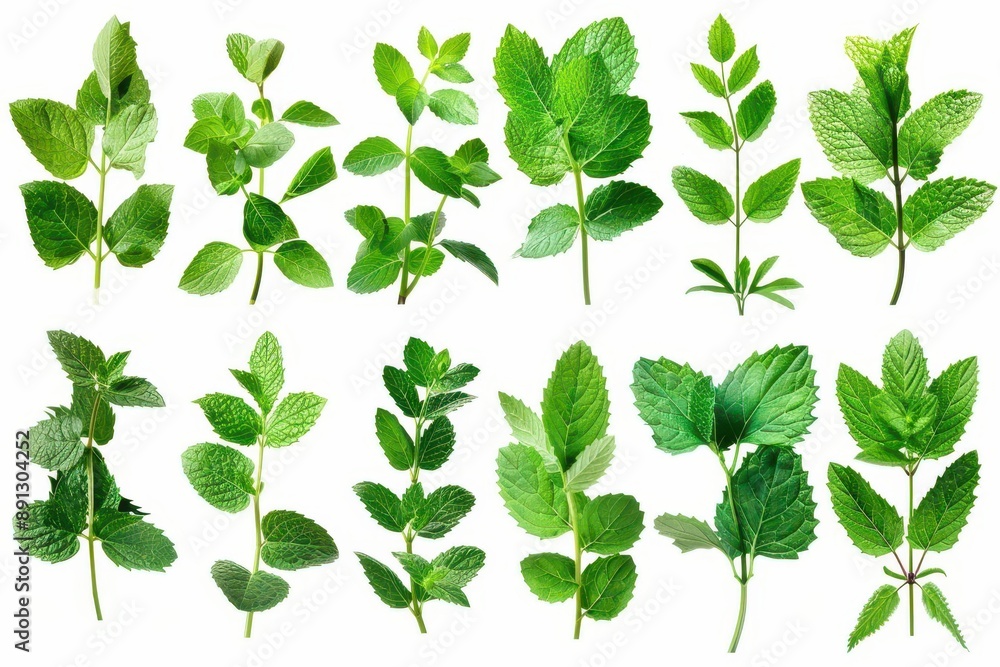 Assorted fresh green herb leaves, isolated on white background. Various types of aromatic plants for cooking and medicinal uses. Assorted fresh green herb leaves, isolated on white background. Various types of aromatic plants for cooking and medicinal uses.