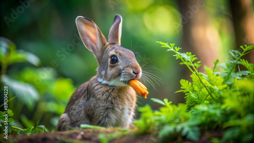 A brown rabbit with long ears sits in a green forest and eats a carrot