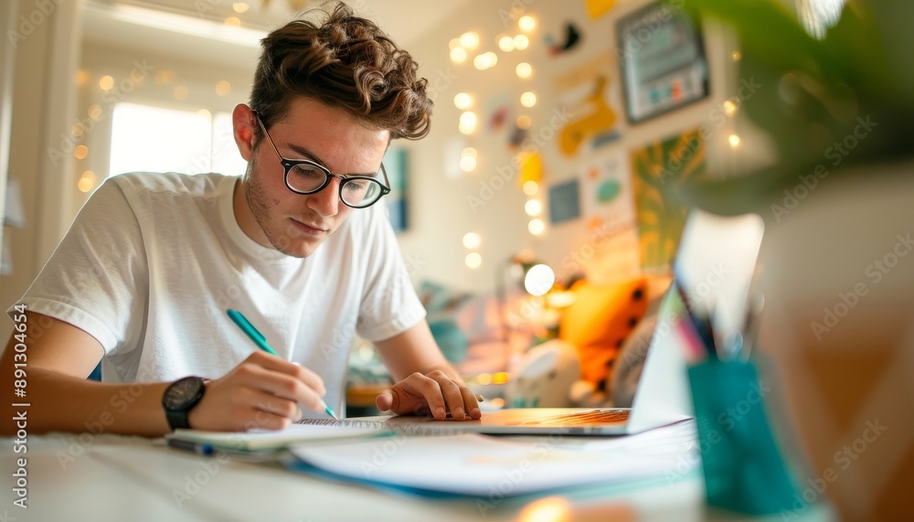 Young Man Studying at Home with Laptop Young Man Studying at Home with Laptop