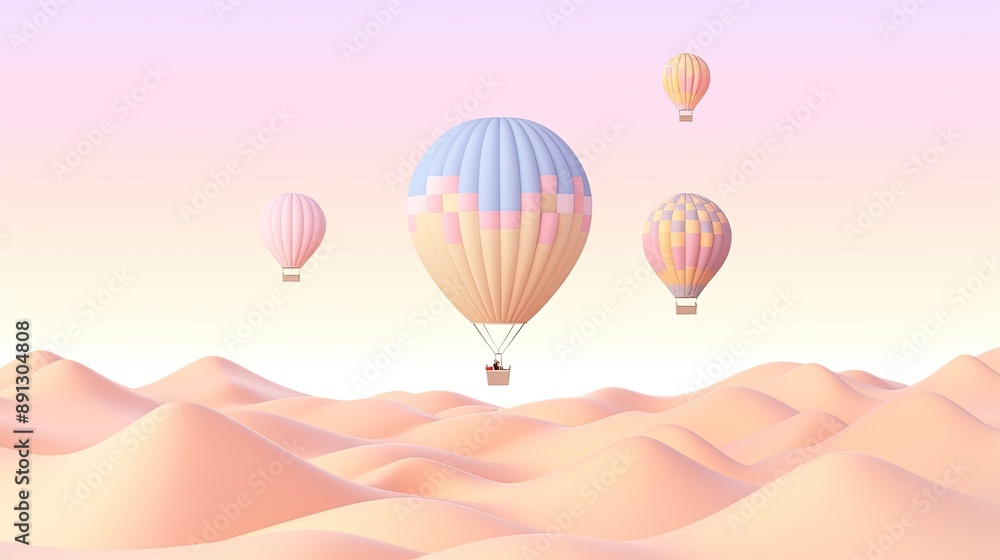 Pastel hot air balloon floating over a dreamy landscape, with soft-colored hills and a gentle pastel sky Pastel hot air balloon floating over a dreamy landscape, with soft-colored hills and a gentle pastel sky
