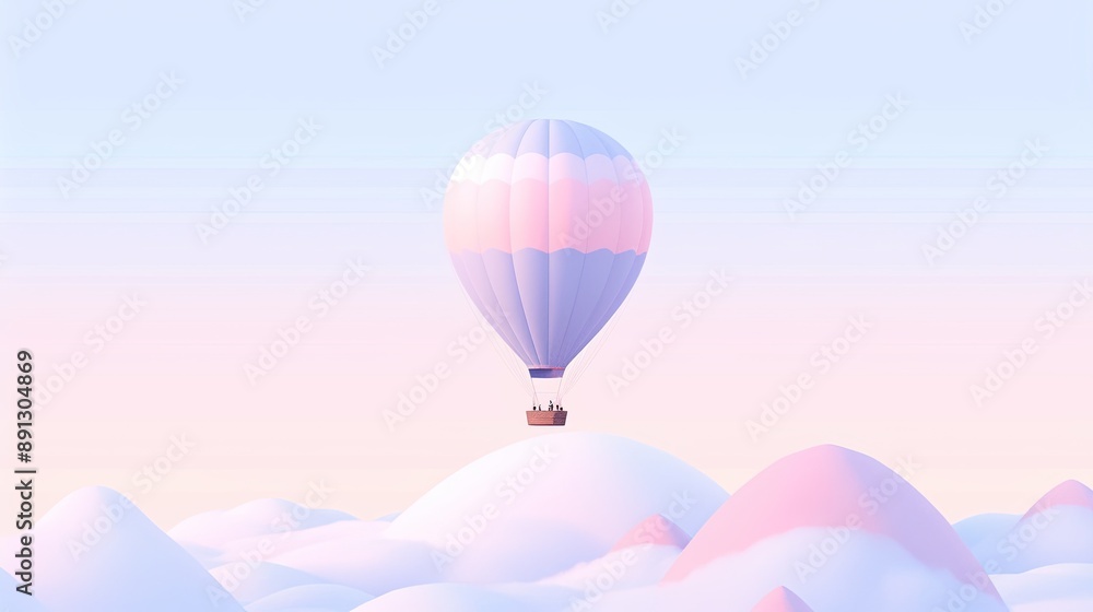 Fototapeta premium Pastel hot air balloon floating over a dreamy landscape, with soft-colored hills and a gentle pastel sky