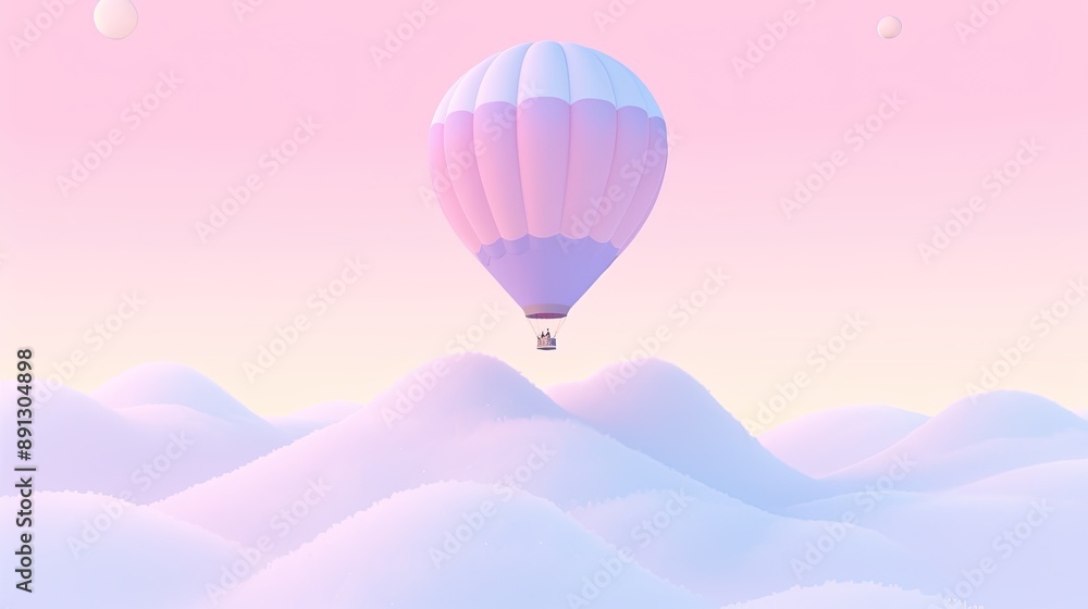 Fototapeta premium Pastel hot air balloon floating over a dreamy landscape, with soft-colored hills and a gentle pastel sky