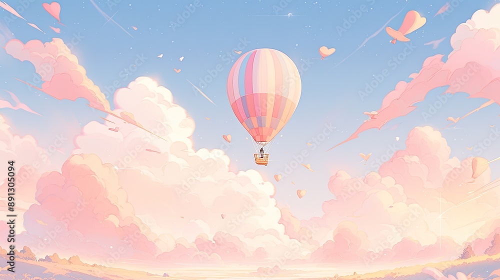 Fototapeta premium Pastel hot air balloon floating over a dreamy landscape, with soft-colored hills and a gentle pastel sky
